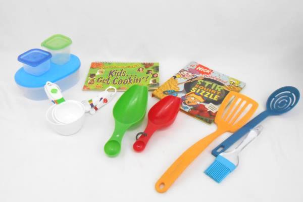 Kids In The Kitchen Lot- 2 Kid Cookbooks Measuring Cups Spoons Utensils