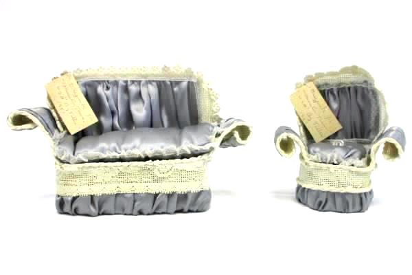 Vintage Tillie 1981 Dollhouse Miniature Town Couch and Chair Set Blue Satin Lace