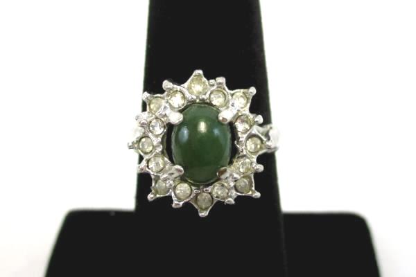 Vintage Uncas Jade Cabochon Cubic Zirconia Cluster Cocktail Ring Silver 6.5