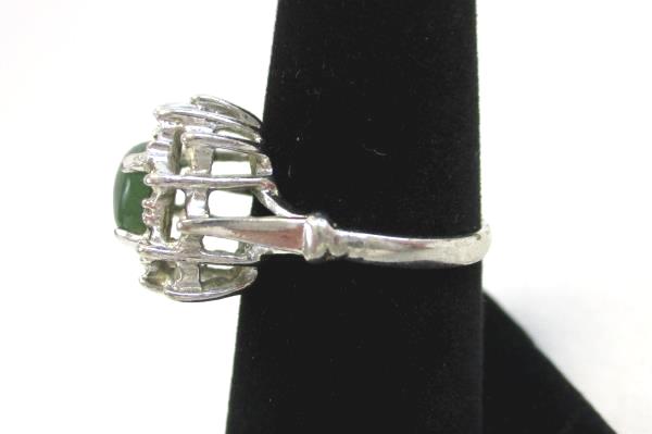 Vintage Uncas Jade Cabochon Cubic Zirconia Cluster Cocktail Ring Silver 6.5