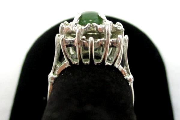 Vintage Uncas Jade Cabochon Cubic Zirconia Cluster Cocktail Ring Silver 6.5