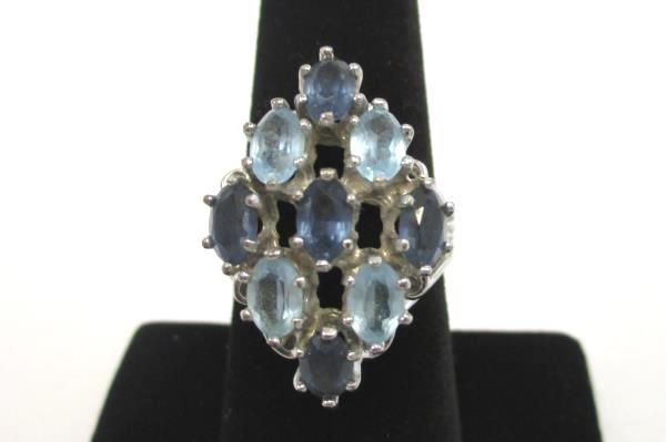 Silver Plated Diamond Shape Cluster Ring 18K HGE Light Dark Blue Stones 8