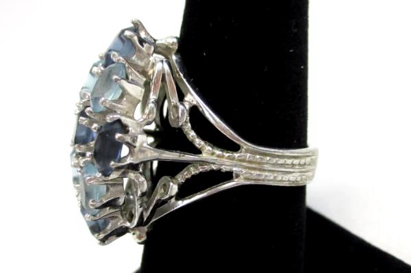 Silver Plated Diamond Shape Cluster Ring 18K HGE Light Dark Blue Stones 8