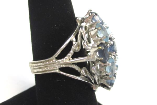 Silver Plated Diamond Shape Cluster Ring 18K HGE Light Dark Blue Stones 8