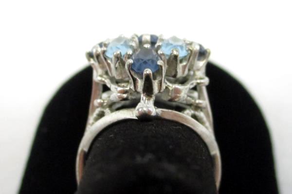 Silver Plated Diamond Shape Cluster Ring 18K HGE Light Dark Blue Stones 8