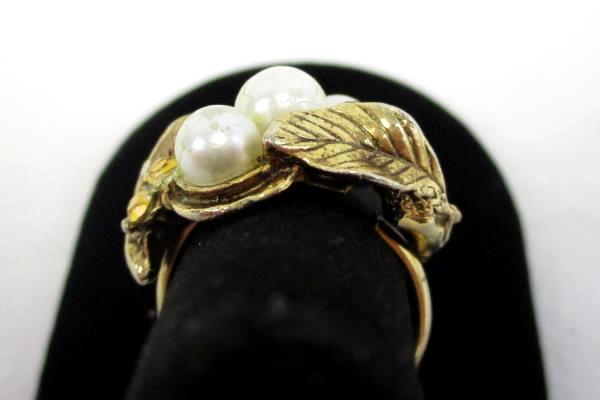 Vintage Adjustable Gold Tone Cluster Cocktail Costume Ring Faux Pearl Topaz 7.5