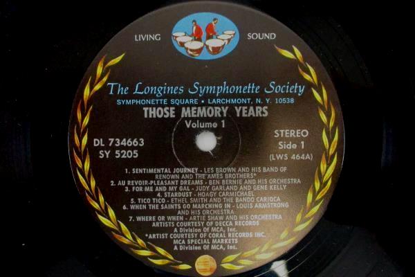 The Longines Symphonette Society - Those Memory Years Volume 1 LP 33 RPM