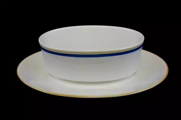 Villeroy & Boch China Carrousel Blue Gold Bands Gravy Boat Attached Underplate