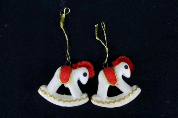 Set of 2 Matching Vintage Felt Rocking Horse Hanging Ornaments
