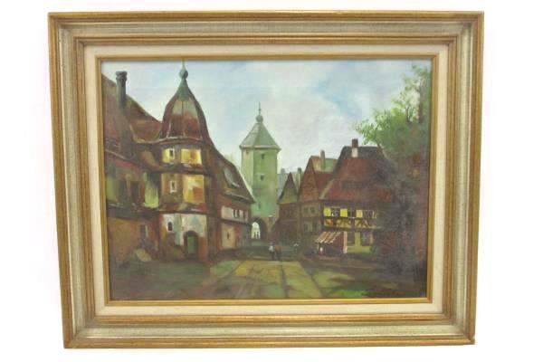 Medium Framed Oil Painting Canvas City Street Landscape Signed