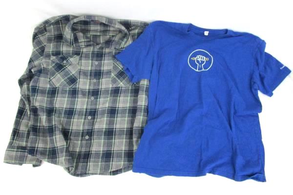 Lot of 2 Blue Tee Power to the Pencil Education Support Plaid Over Shirt Mens XL