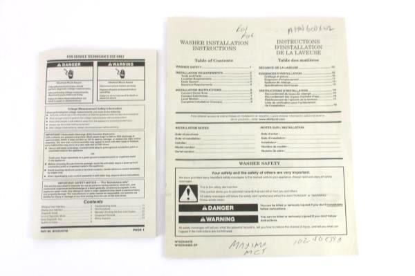 Whirlpool Washer Installation Service Technician Guides