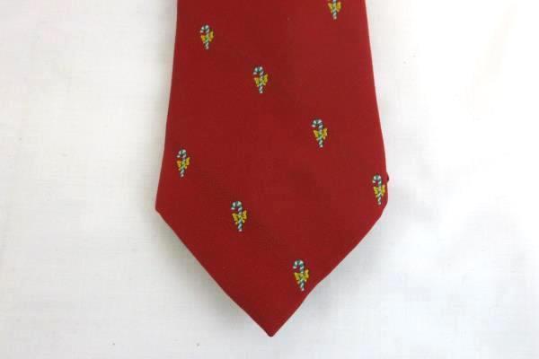 Vintage Men's Tie Necktie Red Christmas Holiday Green Striped Candy Cane w/ Bows