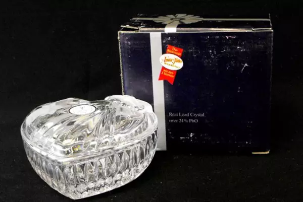 Vtg Anna Hutte German Lead Crystal Heart Trinket Box Bells Bow Original Box