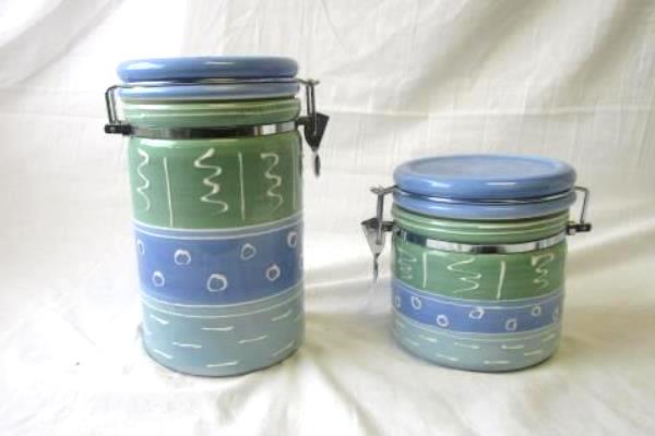 Lot of 2 Certified International Corp. Blue & Green Decorated Cookie Jars Big+Sm