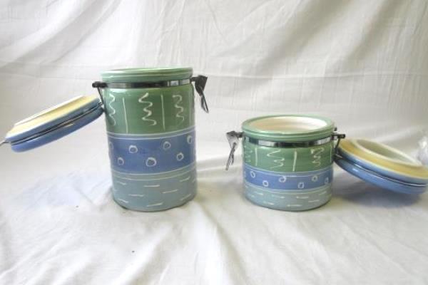 Lot of 2 Certified International Corp. Blue & Green Decorated Cookie Jars Big+Sm