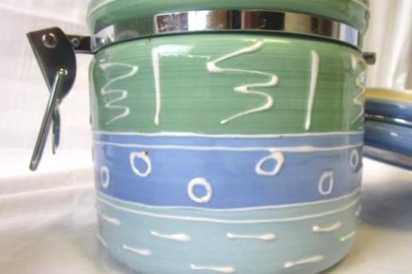 Lot of 2 Certified International Corp. Blue & Green Decorated Cookie Jars Big+Sm