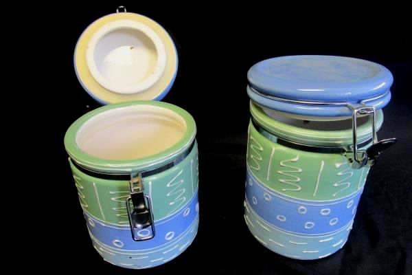 Lot of 2 Certified International Corp. Blue & Green Decorated Cookie Jars Medium