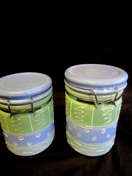 Lot of 2 Certified International Corp. Blue & Green Decorated Cookie Jars Medium