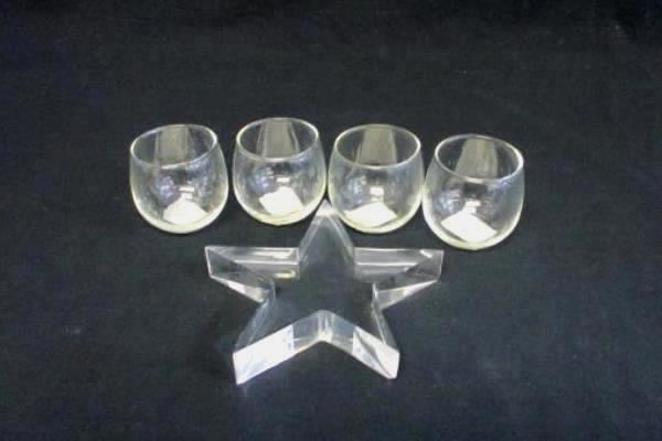 Gold Tone Metal Tray Set w/ Decorative Star Shape Clear Votive Candle Holders