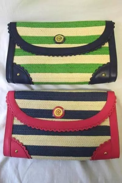 Lot of 2 Women's Mudpie Oversized Straw Clutches Striped White Lime Blue Fuchsia