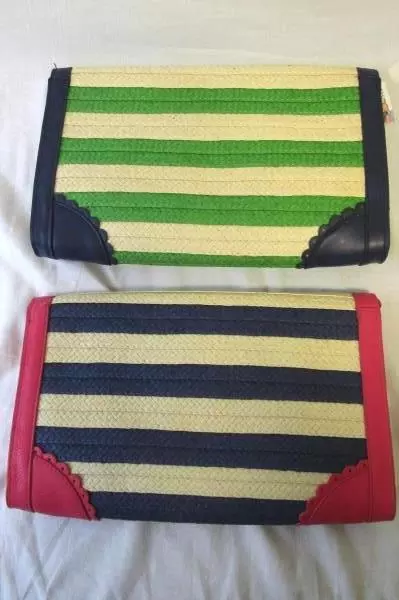 Lot of 2 Women's Mudpie Oversized Straw Clutches Striped White Lime Blue Fuchsia